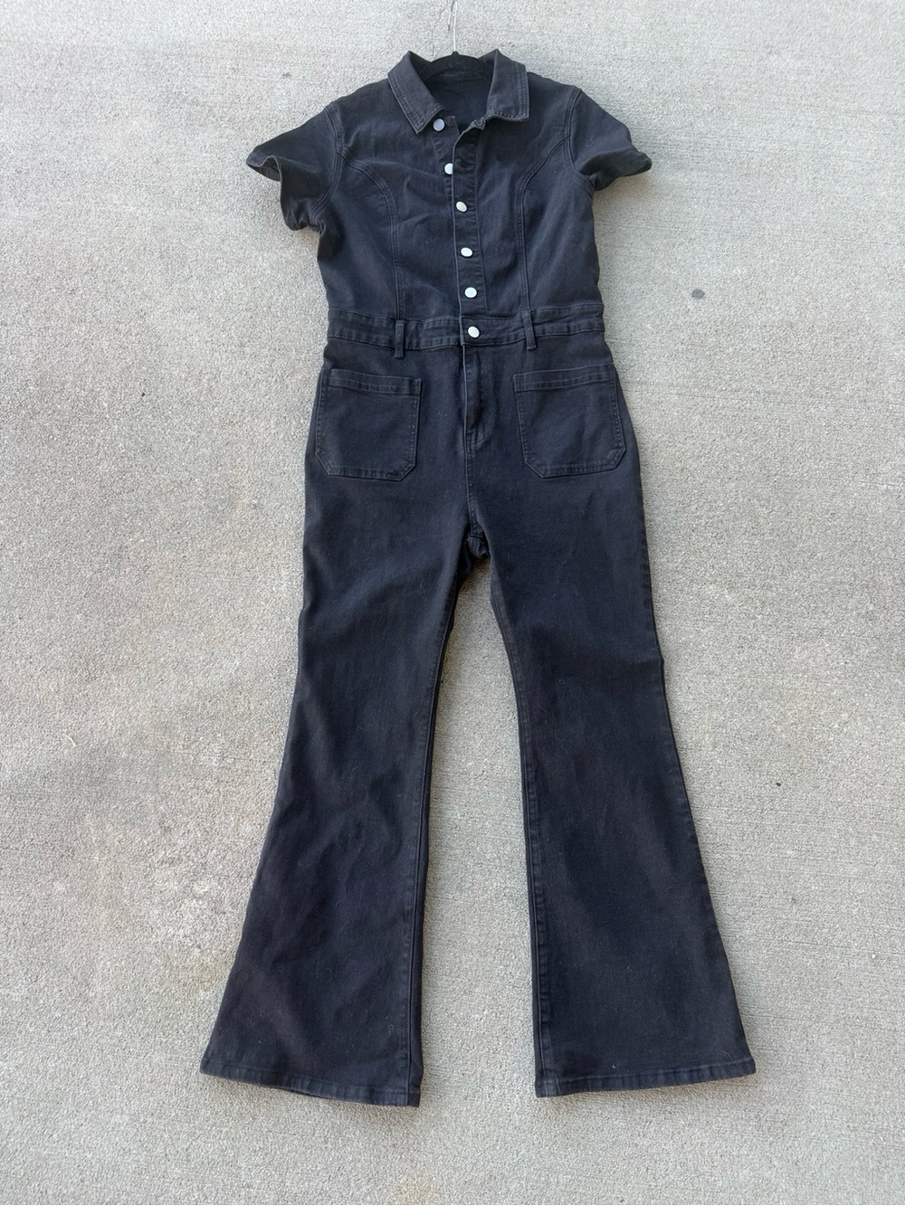SHEIN Black Short-Sleeve Denim Jumpsuit with Flared Legs